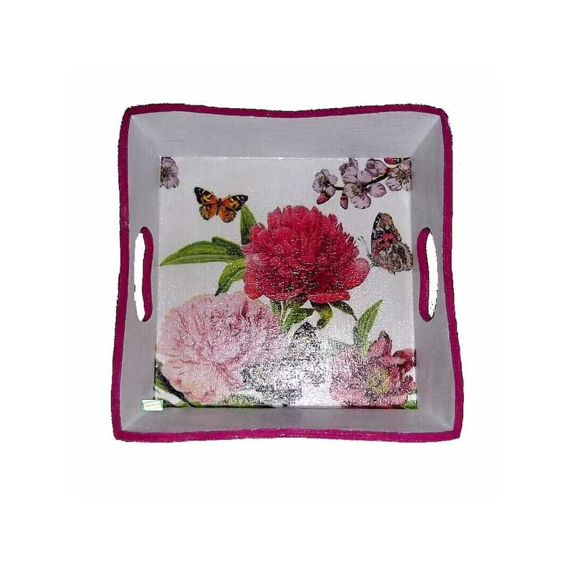 Plateau bois Pivoines serviettage