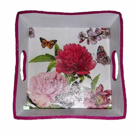 Plateau bois Pivoines serviettage